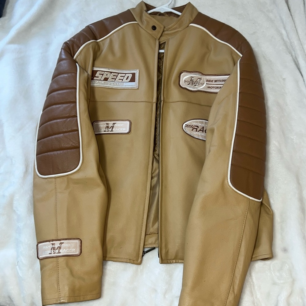 Brown leather racing jacket. WILDA U.S.A